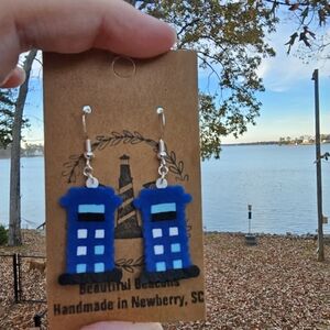 Handmade Mini Perler Blue Police Box Beautiful Beacon Earrings